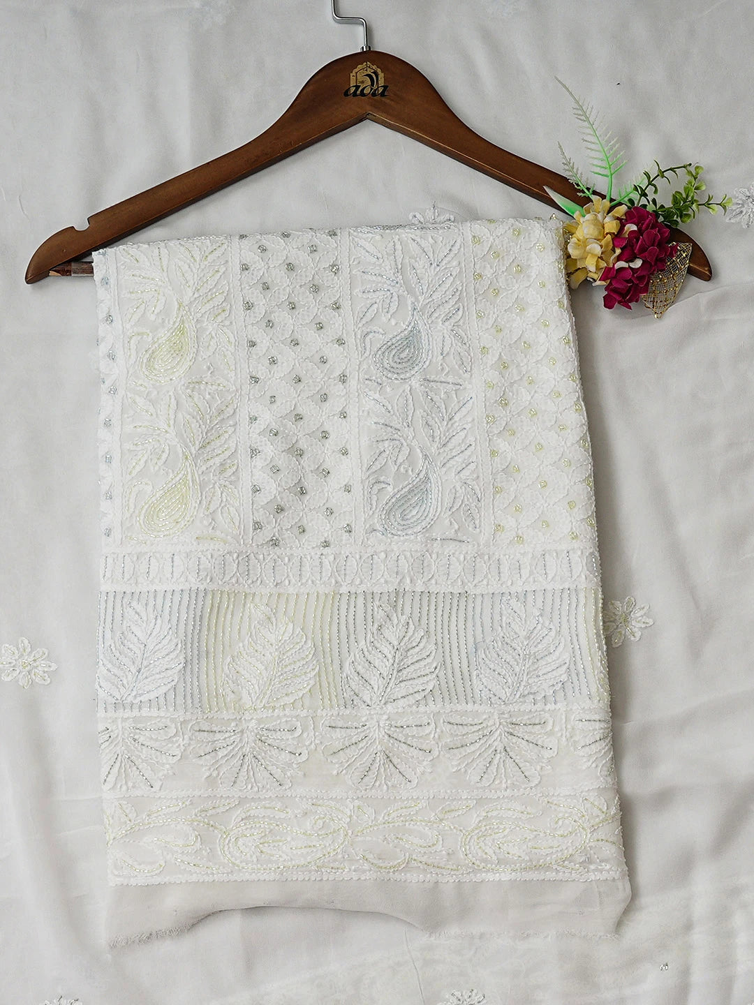 Ada Hand Embroidered White Viscose Georgette Lucknowi Chikankari Unstitched Kurta Dupatta Set With Cutdana Work 01A948008
