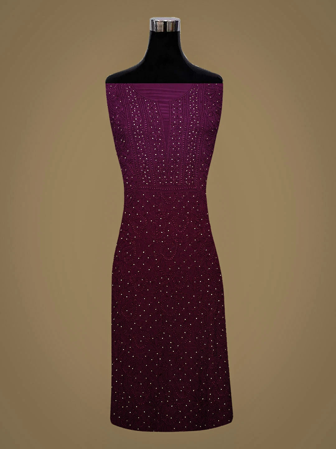 Ada Hand Embroidered Wine Viscose Georgette Lucknowi Chikankari Unstitched Kurta Dupatta Set With Muqaish/Mukaish Work 01A933372