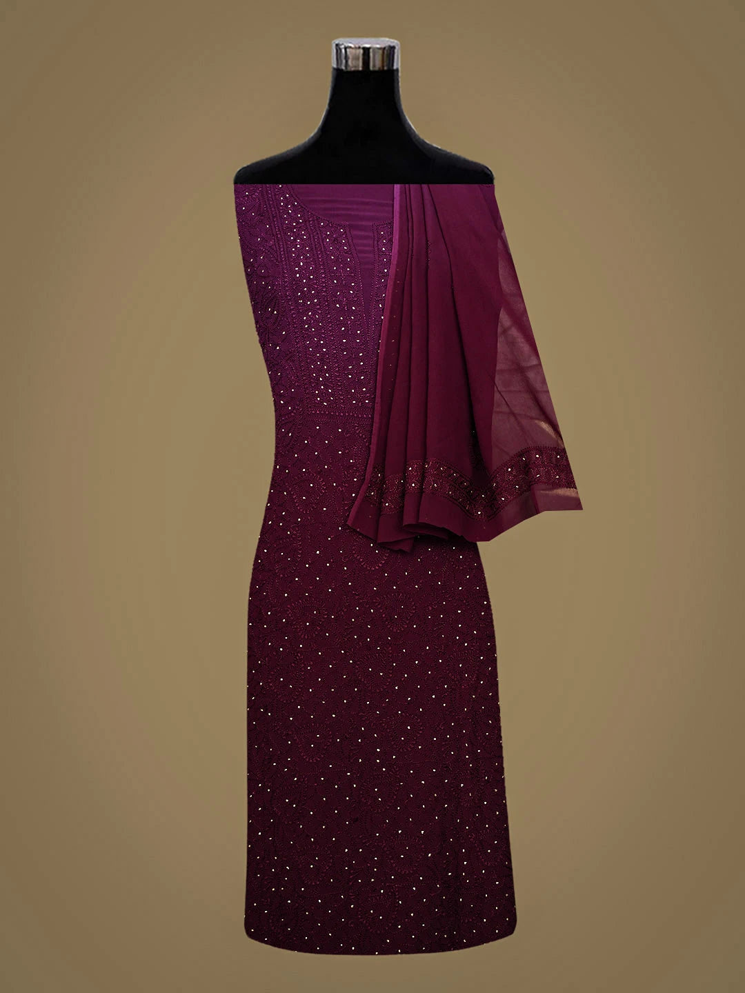 Ada Hand Embroidered Wine Viscose Georgette Lucknowi Chikankari Unstitched Kurta Dupatta Set With Muqaish/Mukaish Work 01A933372