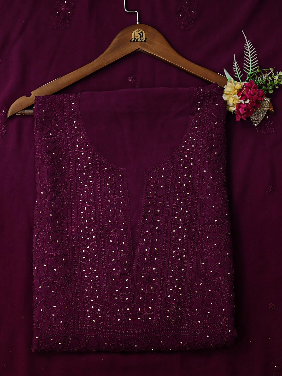 Ada Hand Embroidered Wine Viscose Georgette Lucknowi Chikankari Unstitched Kurta Dupatta Set With Muqaish/Mukaish Work 01A933372