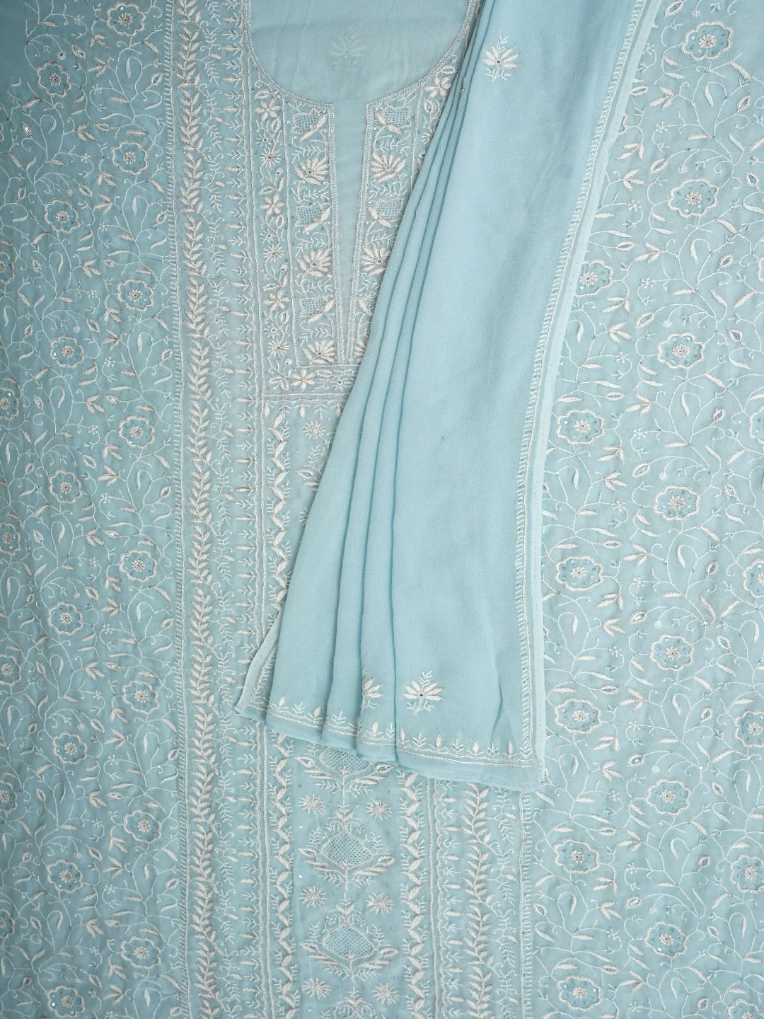 Ada Hand Embroidered Pale Sky Blue Viscose Georgette Lucknowi Chikankari Unstitched Kurta Dupatta Set With Zari Work 01A856663