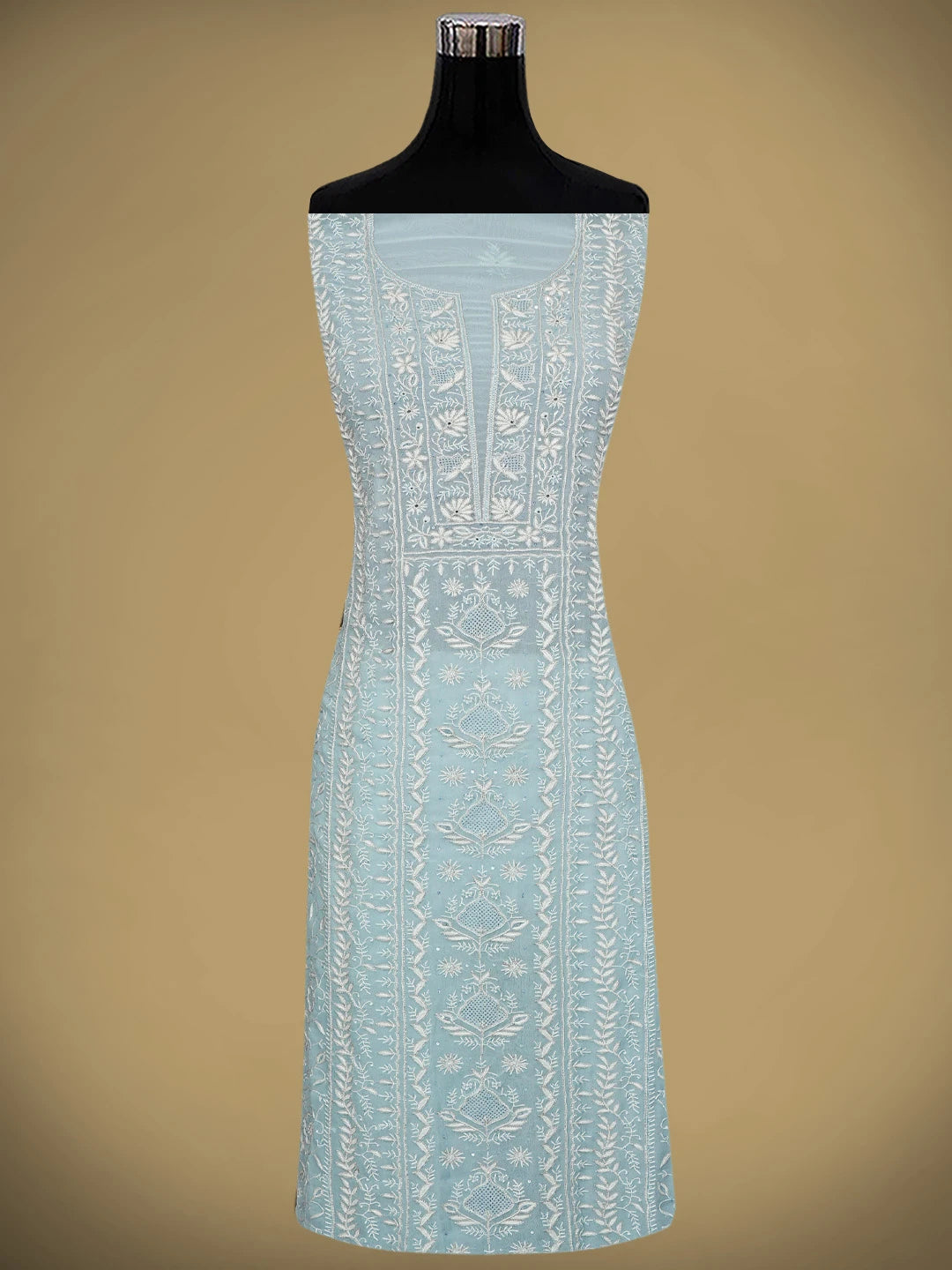 Ada Hand Embroidered Pale Sky Blue Viscose Georgette Lucknowi Chikankari Unstitched Kurta Dupatta Set With Zari Work 01A856663