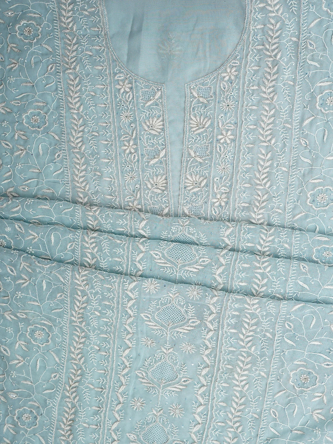 Ada Hand Embroidered Pale Sky Blue Viscose Georgette Lucknowi Chikankari Unstitched Kurta Dupatta Set With Zari Work 01A856663