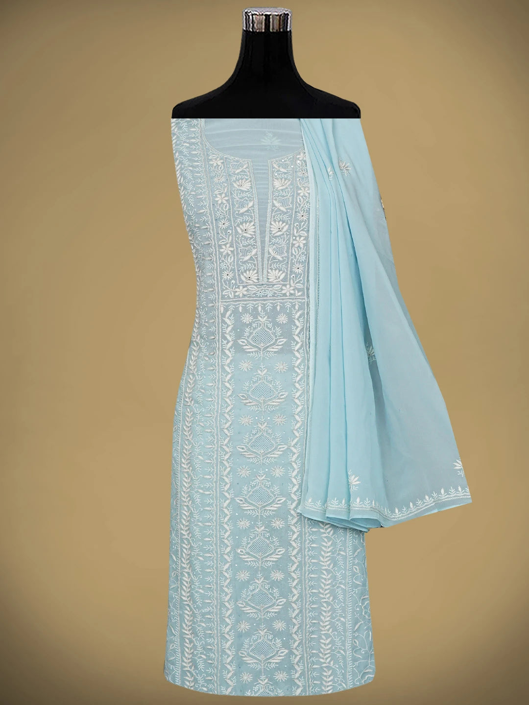 Ada Hand Embroidered Pale Sky Blue Viscose Georgette Lucknowi Chikankari Unstitched Kurta Dupatta Set With Zari Work 01A856663