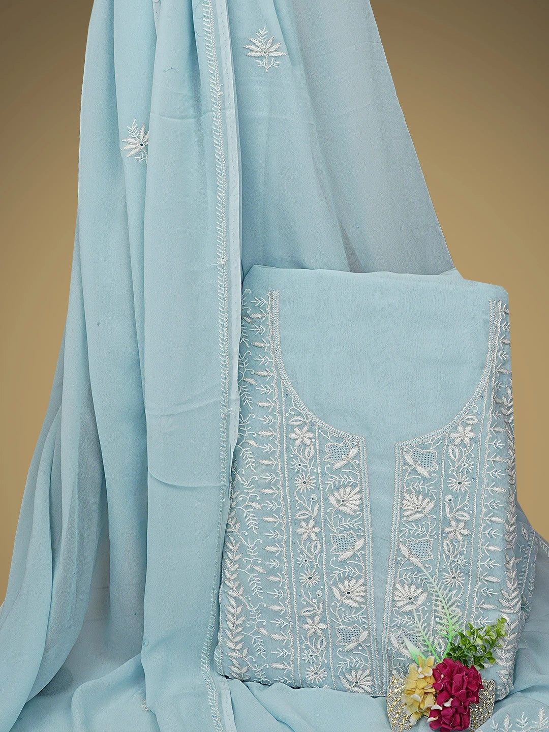 Ada Hand Embroidered Pale Sky Blue Viscose Georgette Lucknowi Chikankari Unstitched Kurta Dupatta Set With Zari Work 01A856663