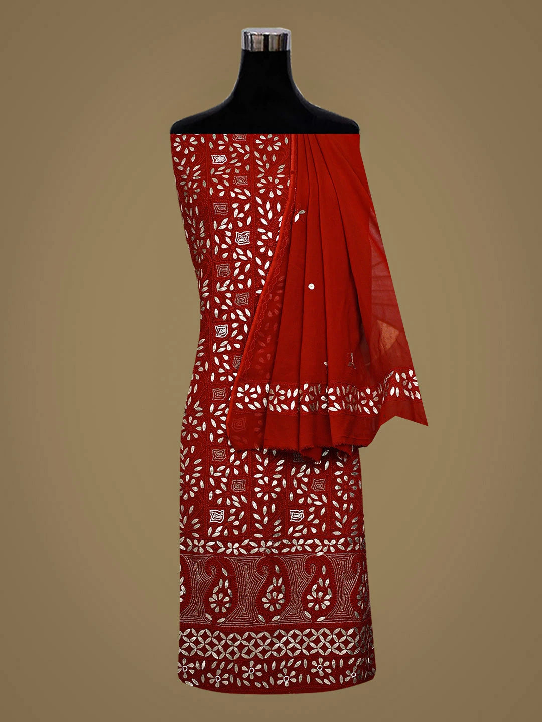 Ada Hand Embroidered Blazing Flame Viscose Georgette Lucknowi Chikankari Unstitched Kurta Dupatta Set With Gota Patti Work 01A934093