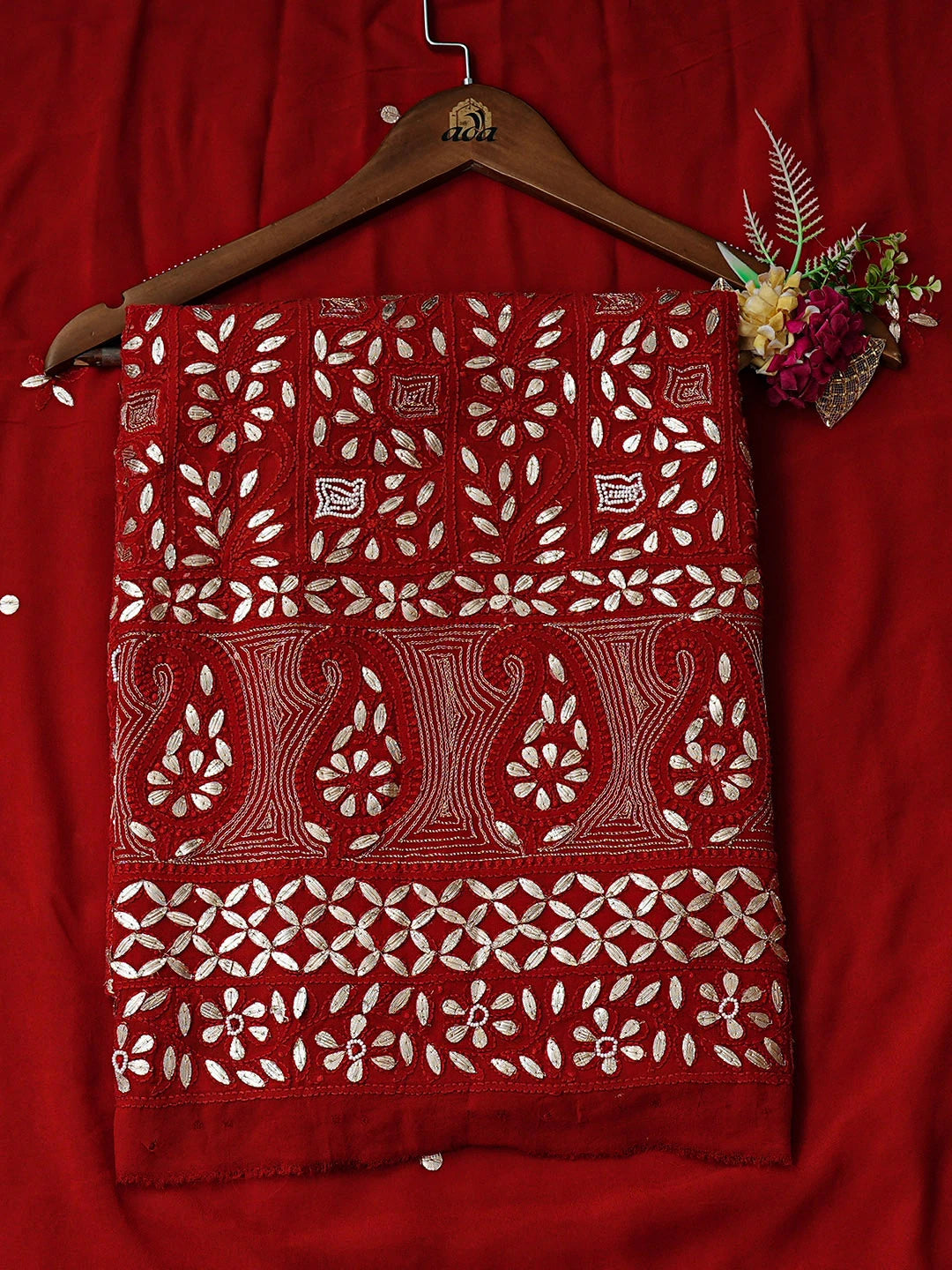 Ada Hand Embroidered Blazing Flame Viscose Georgette Lucknowi Chikankari Unstitched Kurta Dupatta Set With Gota Patti Work 01A934093