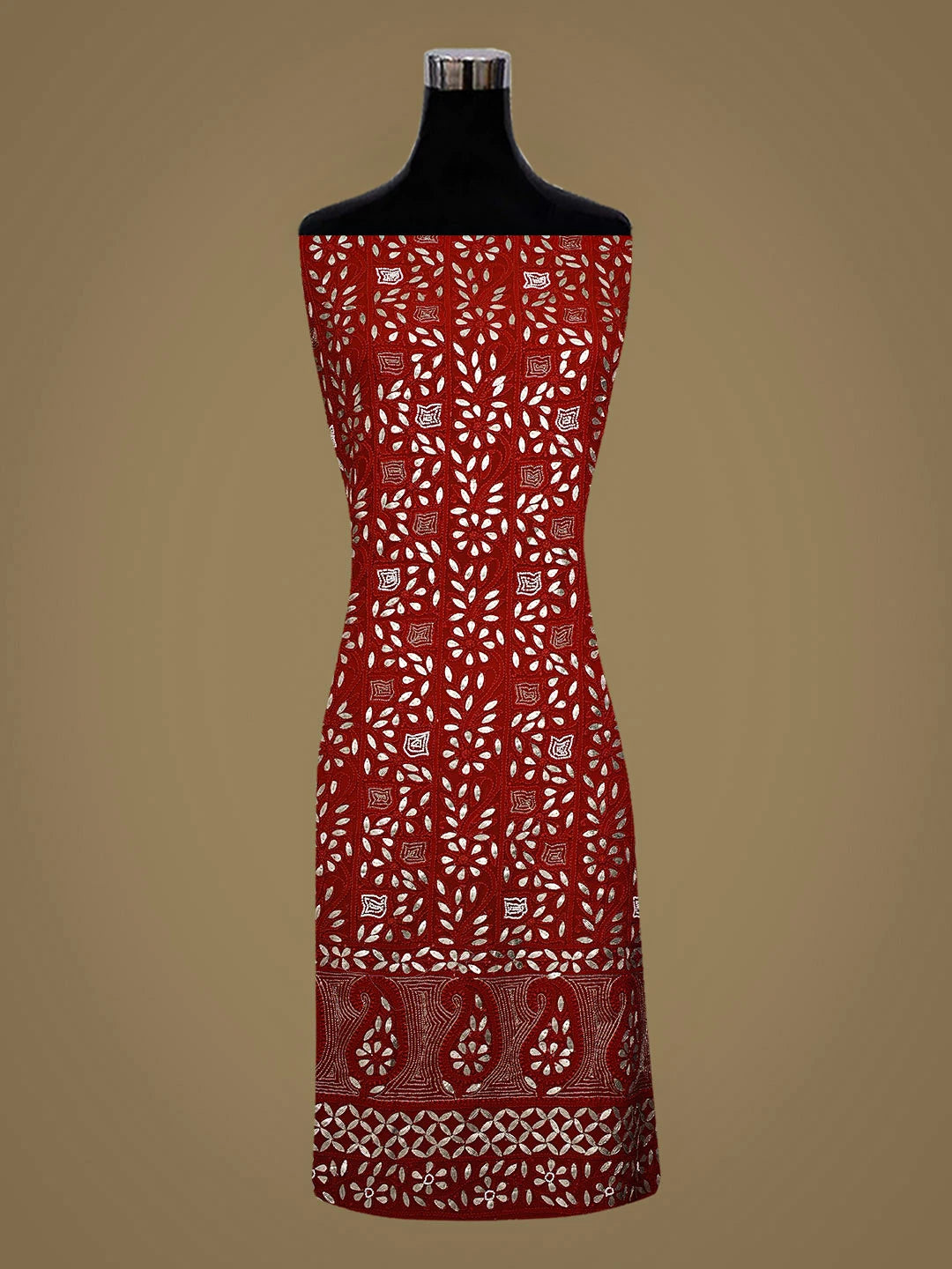 Ada Hand Embroidered Blazing Flame Viscose Georgette Lucknowi Chikankari Unstitched Kurta Dupatta Set With Gota Patti Work 01A934093