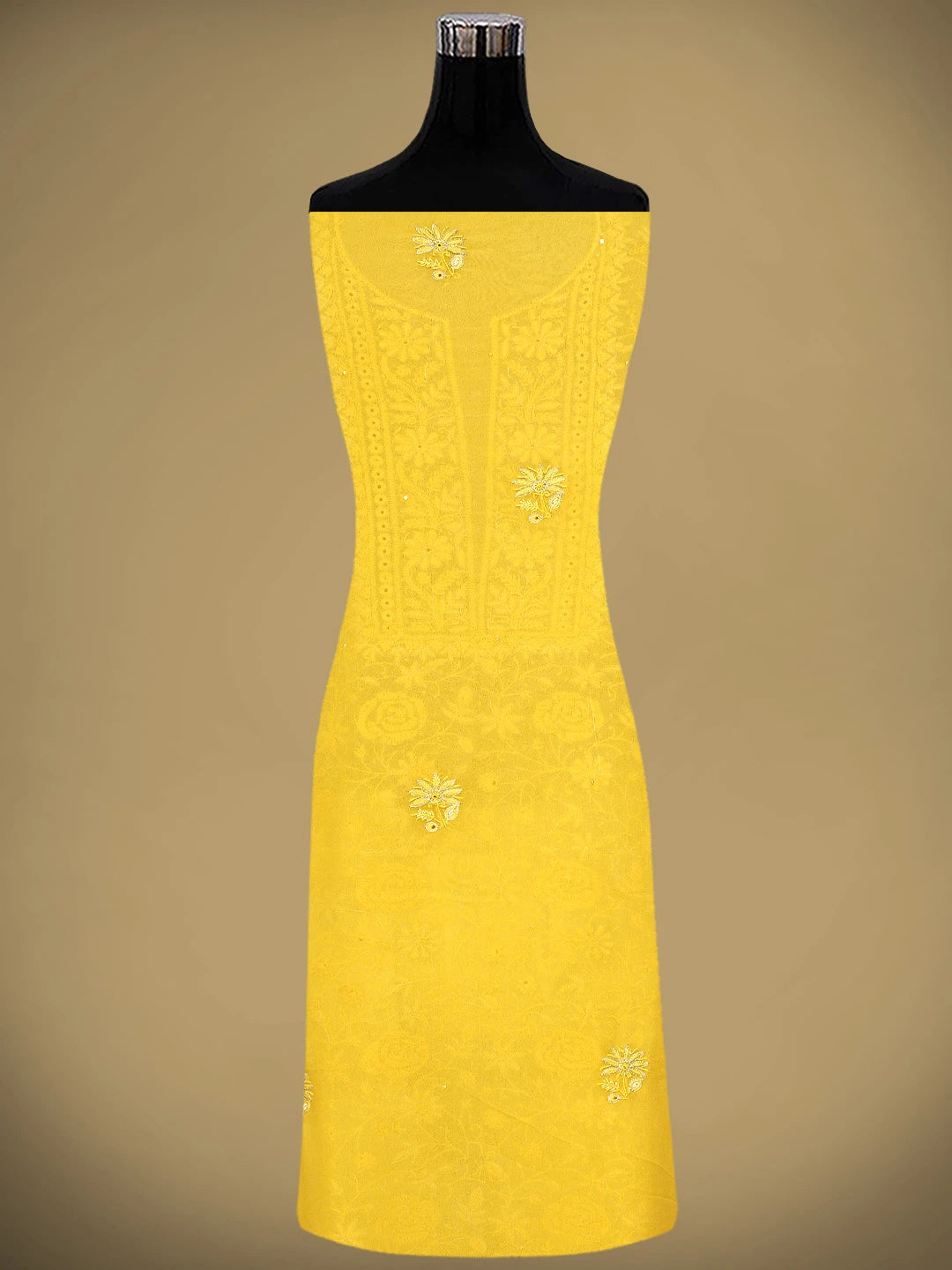 Ada Hand Embroidered Amber Gold Yellow Viscose Georgette Lucknowi Chikankari Unstitched Kurta Dupatta Set With Zari Work 01A705088