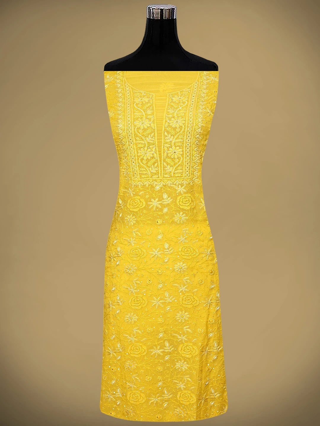Ada Hand Embroidered Amber Gold Yellow Viscose Georgette Lucknowi Chikankari Unstitched Kurta Dupatta Set With Zari Work 01A705088
