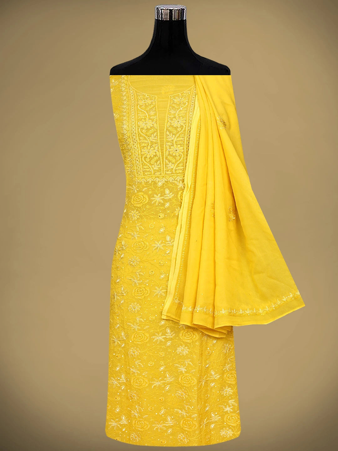 Ada Hand Embroidered Amber Gold Yellow Viscose Georgette Lucknowi Chikankari Unstitched Kurta Dupatta Set With Zari Work 01A705088