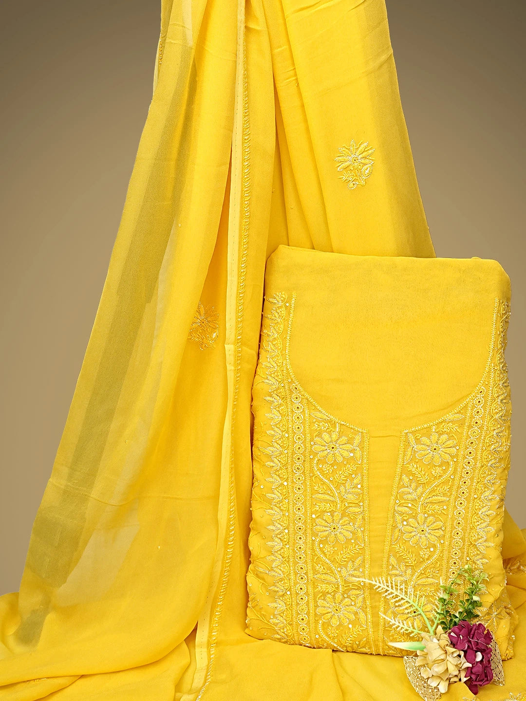Ada Hand Embroidered Amber Gold Yellow Viscose Georgette Lucknowi Chikankari Unstitched Kurta Dupatta Set With Zari Work 01A705088