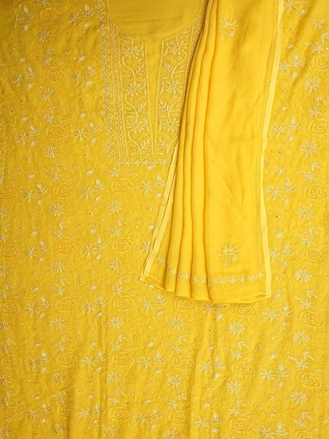 Ada Hand Embroidered Amber Gold Yellow Viscose Georgette Lucknowi Chikankari Unstitched Kurta Dupatta Set With Zari Work 01A705088