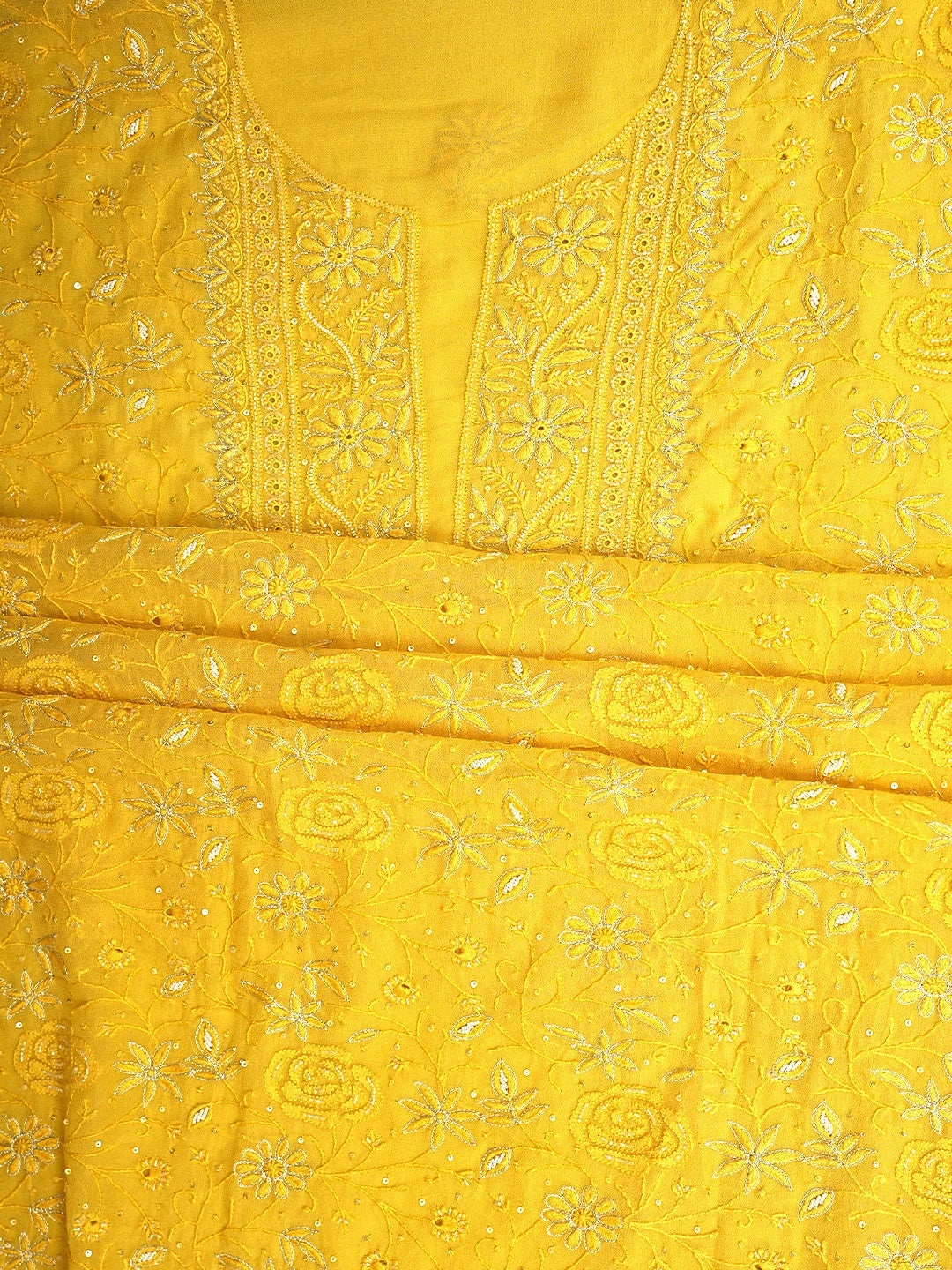 Ada Hand Embroidered Amber Gold Yellow Viscose Georgette Lucknowi Chikankari Unstitched Kurta Dupatta Set With Zari Work 01A705088