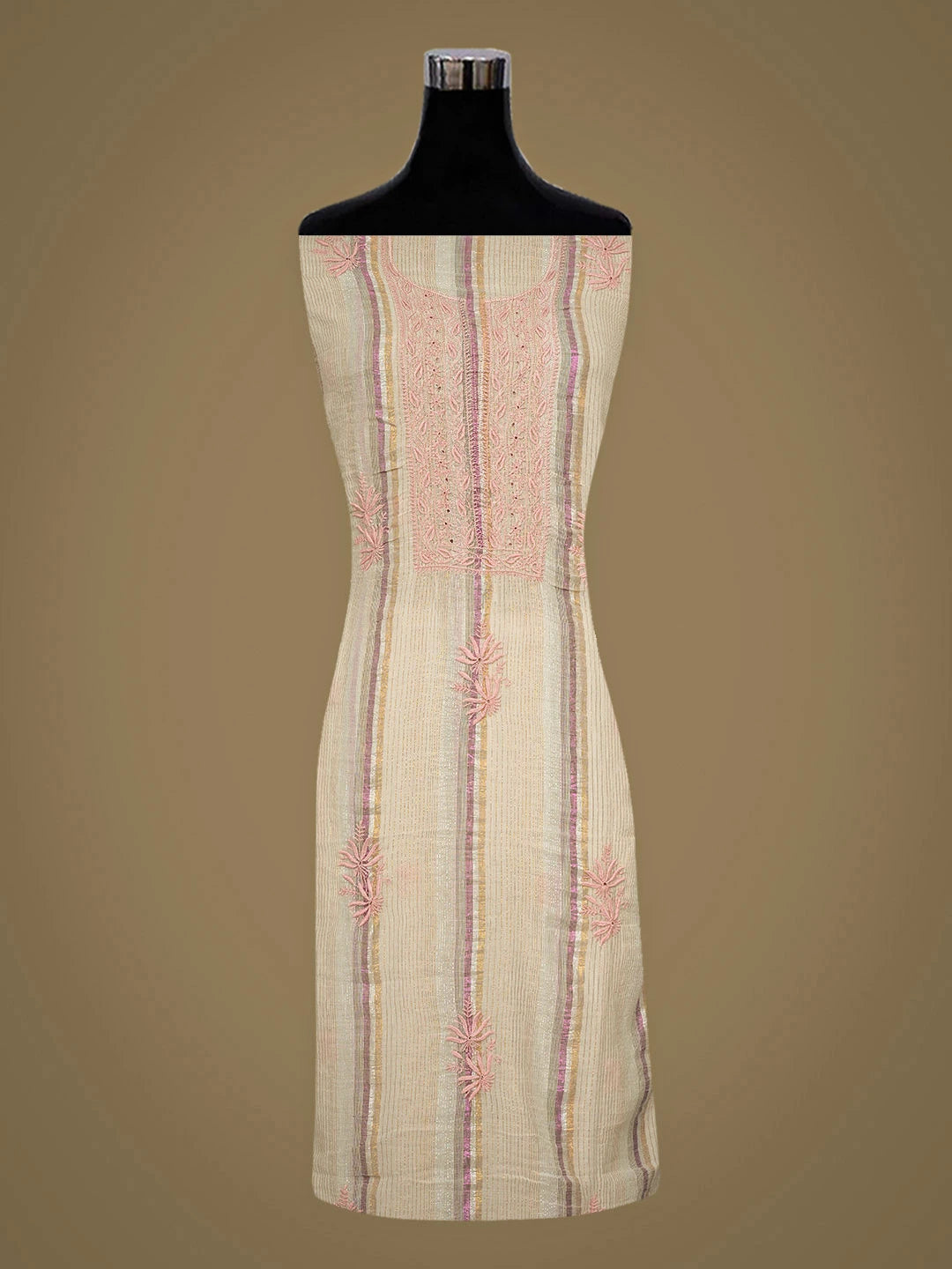 Ada Hand Embroidered Light Fawn Cotton Lucknowi Chikankari Unstitched Kurta Dupatta Set 01A910415