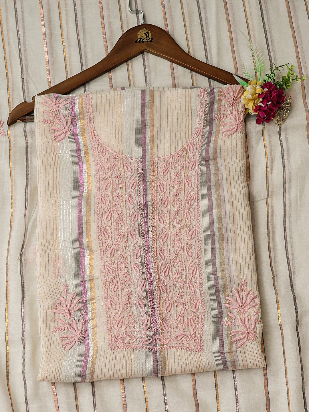 Ada Hand Embroidered Light Fawn Cotton Lucknowi Chikankari Unstitched Kurta Dupatta Set 01A910415