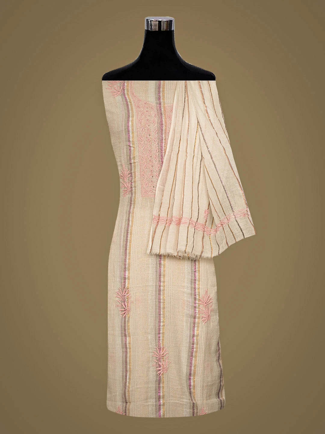 Ada Hand Embroidered Light Fawn Cotton Lucknowi Chikankari Unstitched Kurta Dupatta Set 01A910415