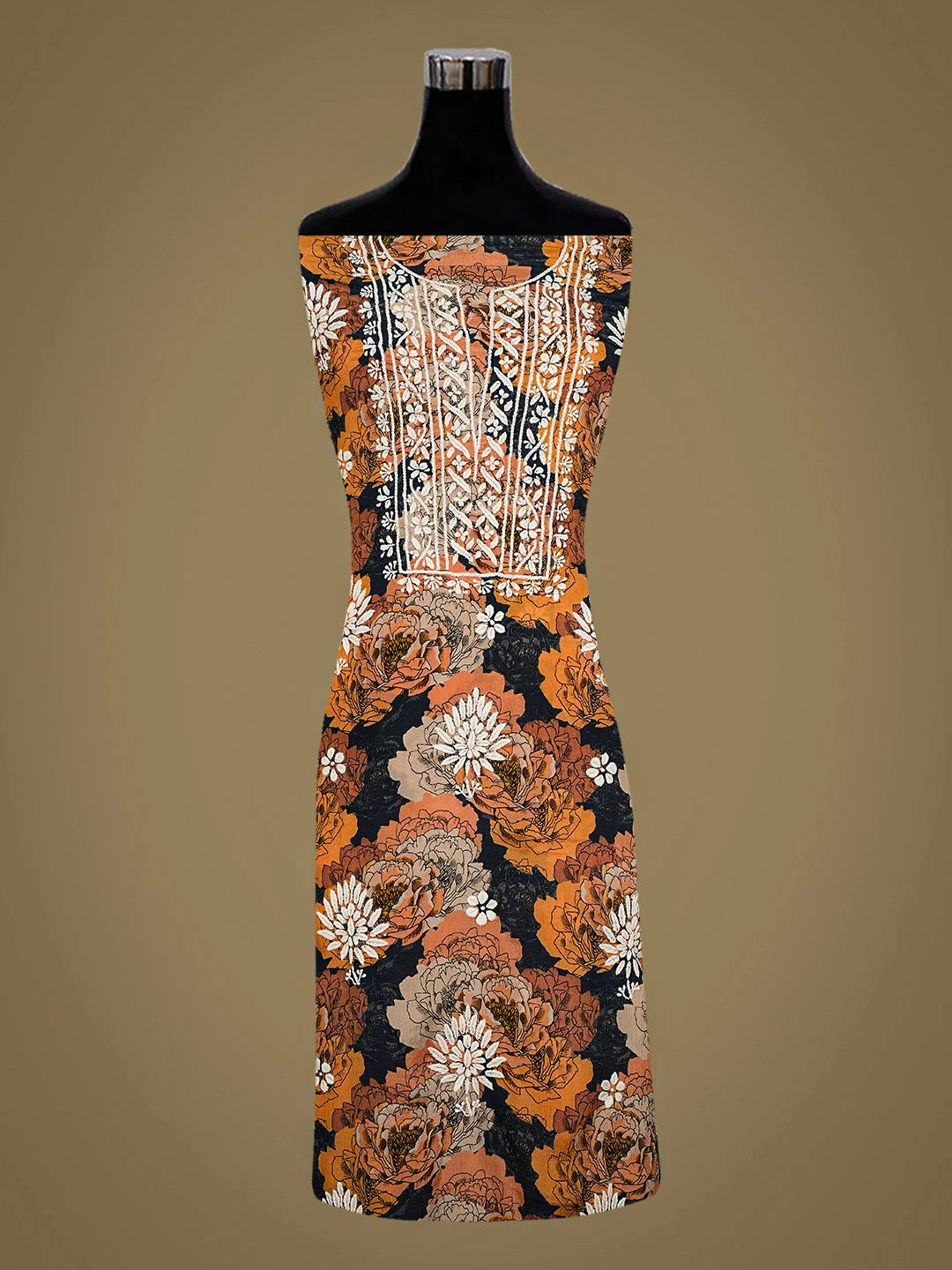 Ada Hand Embroidered Floral Printed Mustard Crepe Lucknowi Chikankari Unstitched Kurta Dupatta Set 01A723084