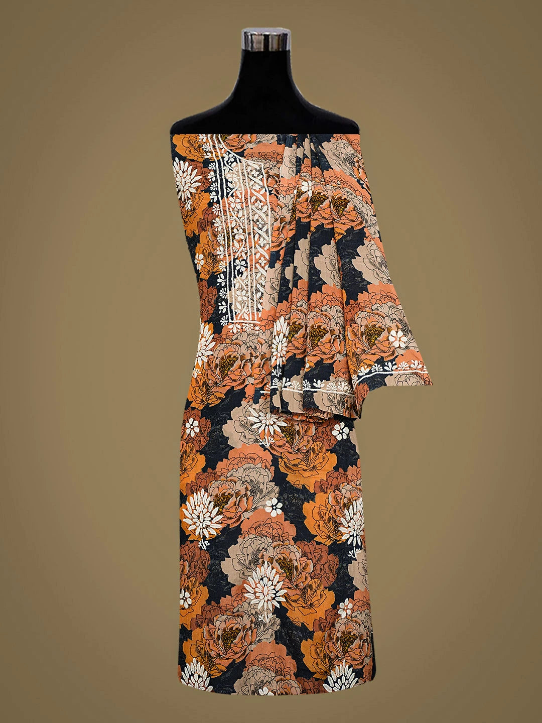 Ada Hand Embroidered Floral Printed Mustard Crepe Lucknowi Chikankari Unstitched Kurta Dupatta Set 01A723084