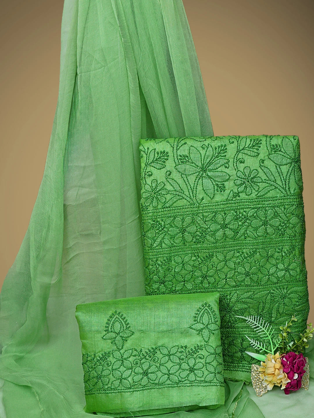 Ada Hand Embroidered Forest Green Tussar Silk Lucknowi Chikankari Unstitched Suit Piece 01A903904