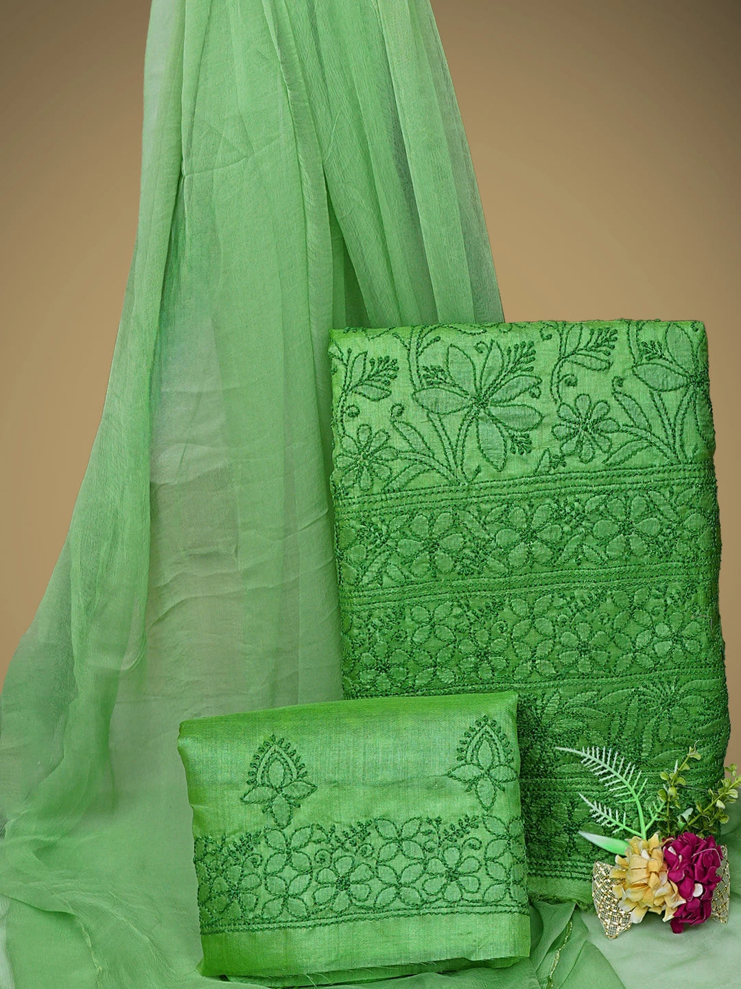 Ada Hand Embroidered Forest Green Tussar Silk Lucknowi Chikankari Unstitched Suit Piece 01A903904