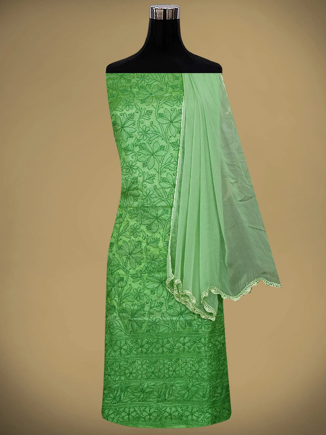Ada Hand Embroidered Forest Green Tussar Silk Lucknowi Chikankari Unstitched Suit Piece 01A903904