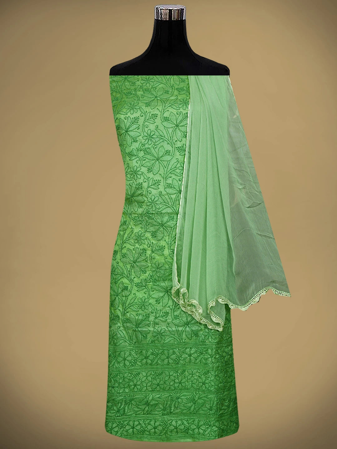Ada Hand Embroidered Forest Green Tussar Silk Lucknowi Chikankari Unstitched Suit Piece 01A903904