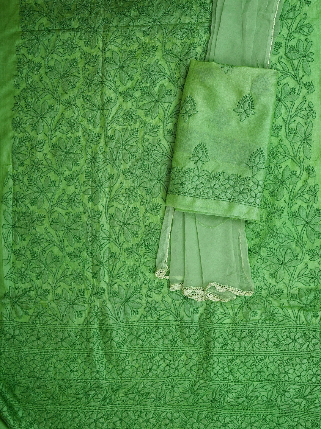 Ada Hand Embroidered Forest Green Tussar Silk Lucknowi Chikankari Unstitched Suit Piece 01A903904