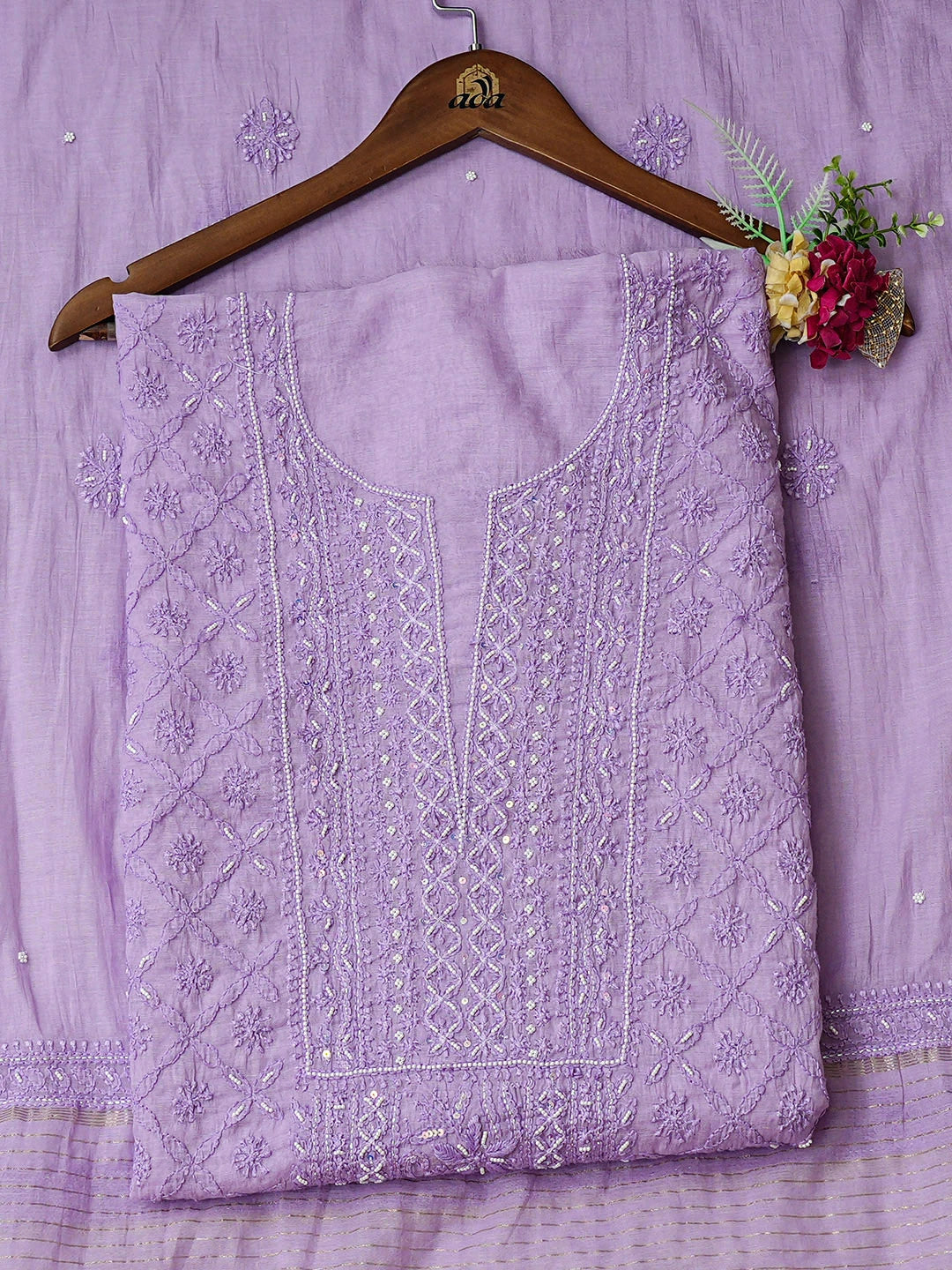 Ada Hand Embroidered Lavender Chanderi Lucknowi Chikankari Unstitched Kurta Dupatta Set With Pearl Work 01A939779