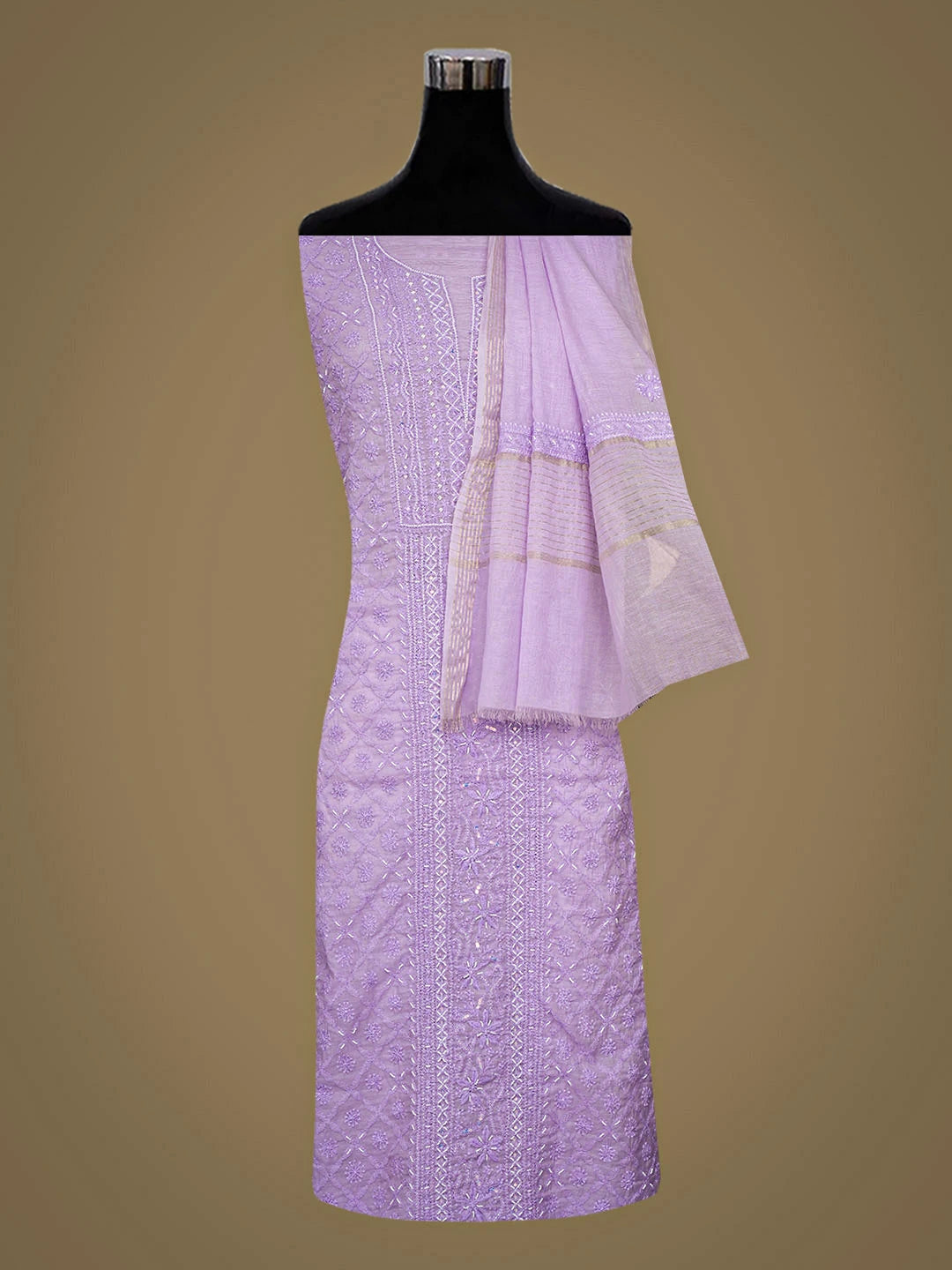 Ada Hand Embroidered Lavender Chanderi Lucknowi Chikankari Unstitched Kurta Dupatta Set With Pearl Work 01A939779