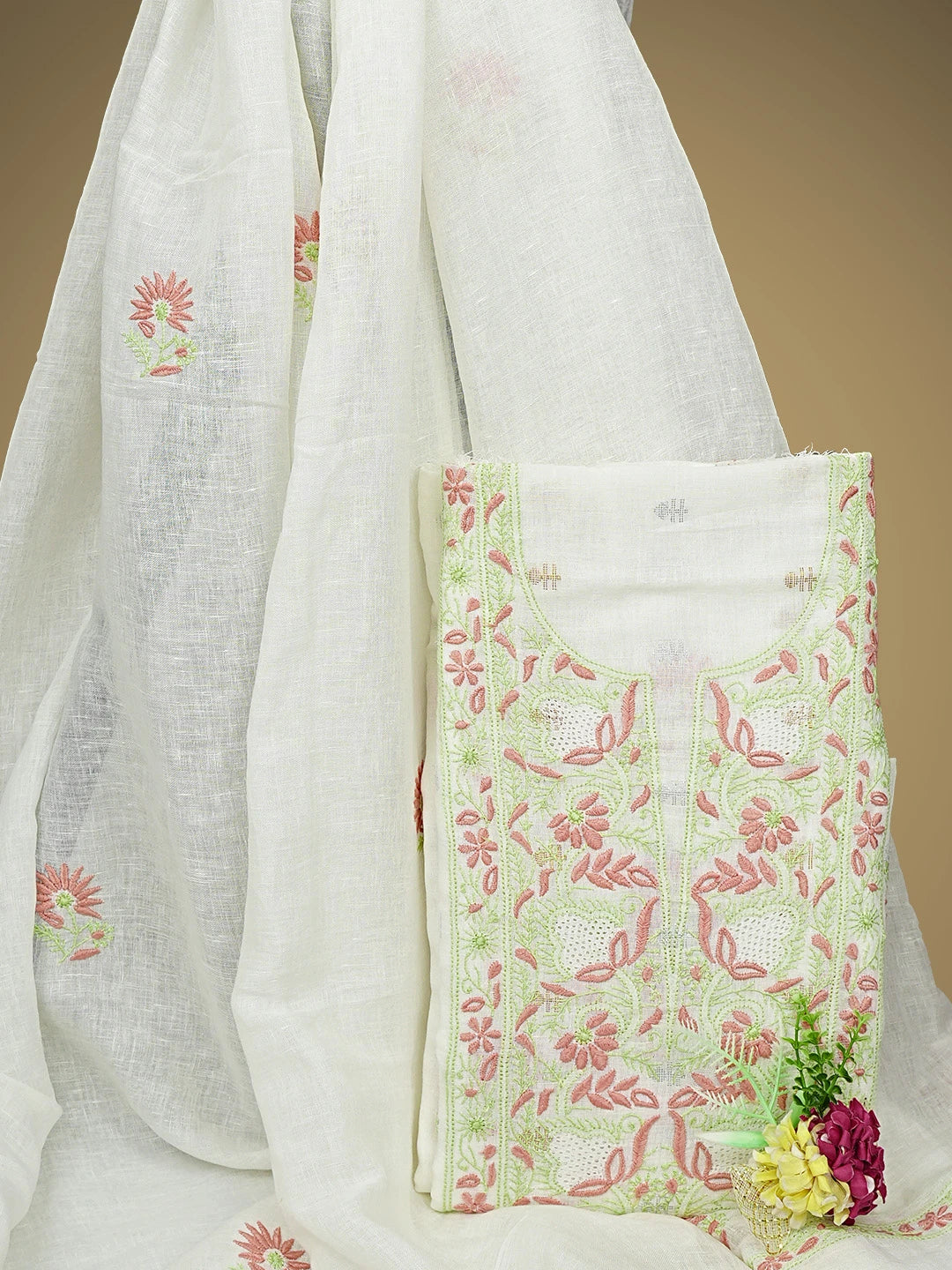 Ada Hand Embroidered White Linen Lucknowi Chikankari Unstitched Kurta Dupatta Set 01A917343