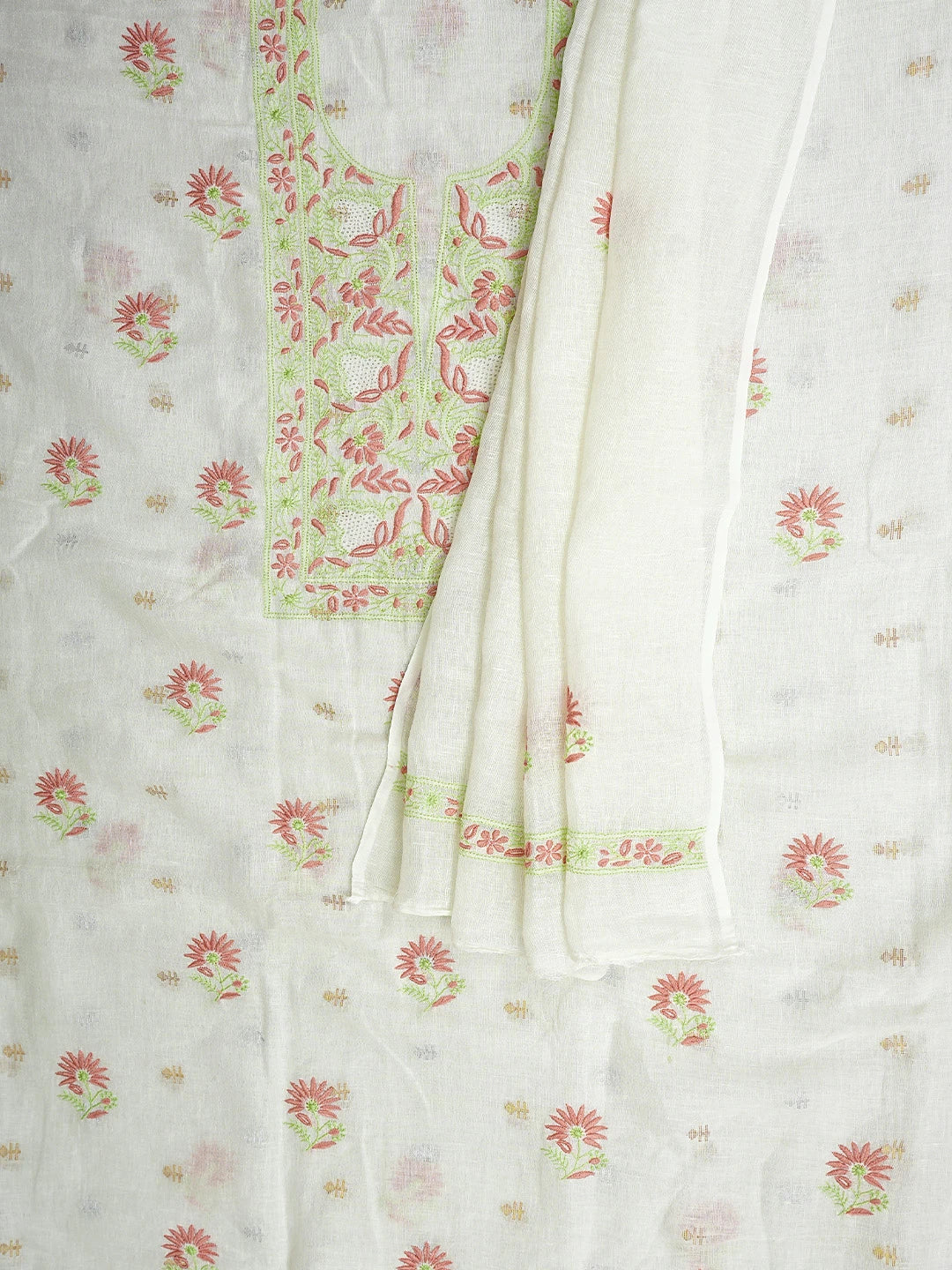 Ada Hand Embroidered White Linen Lucknowi Chikankari Unstitched Kurta Dupatta Set 01A917343