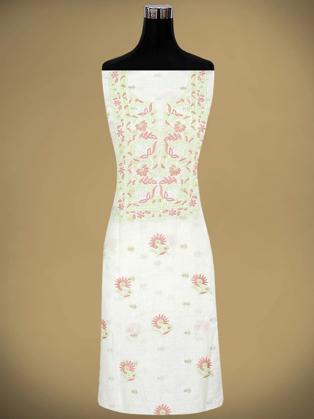 Ada Hand Embroidered White Linen Lucknowi Chikankari Unstitched Kurta Dupatta Set 01A917343
