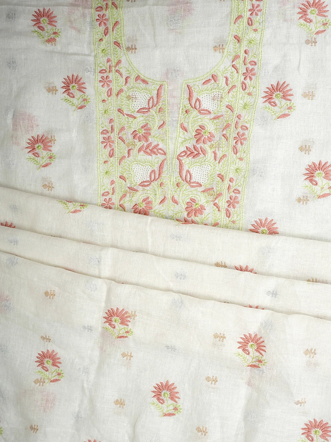 Ada Hand Embroidered White Linen Lucknowi Chikankari Unstitched Kurta Dupatta Set 01A917343