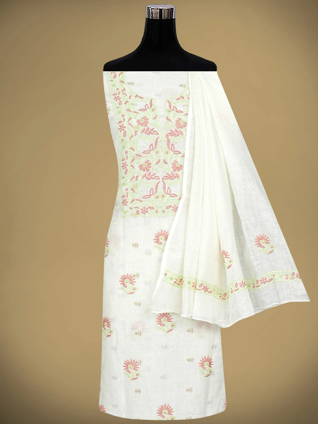 Ada Hand Embroidered White Linen Lucknowi Chikankari Unstitched Kurta Dupatta Set 01A917343