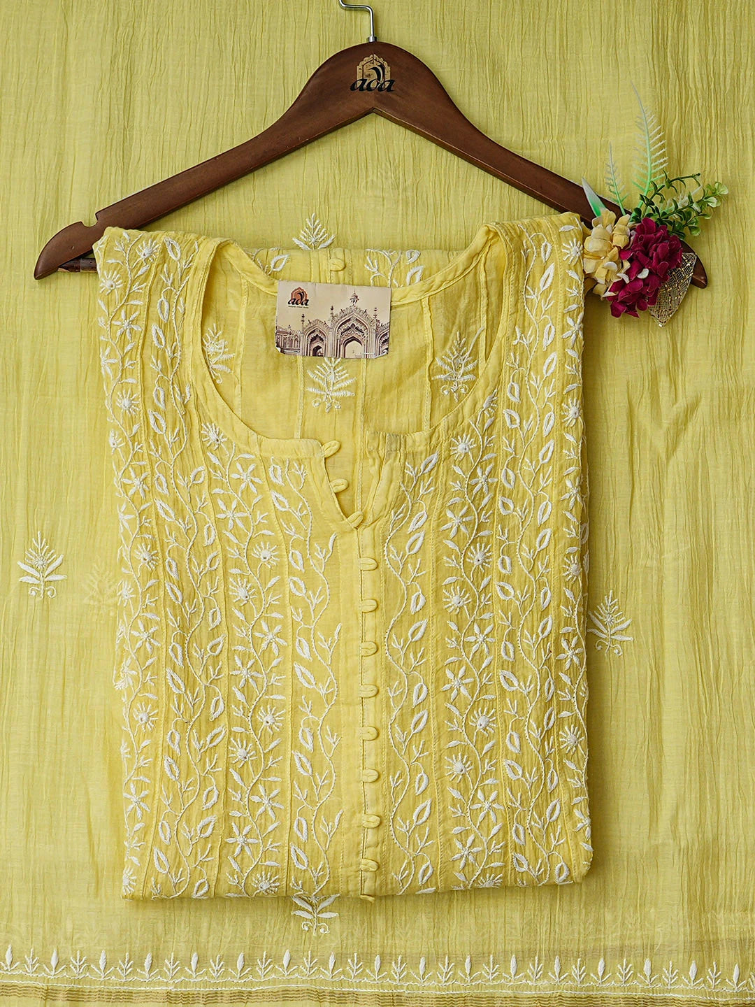 Ada Hand Embroidered Lemon Chanderi Lucknowi Chikankari Semi-Stitched Anarkali Kurta Dupatta Set 01A653902