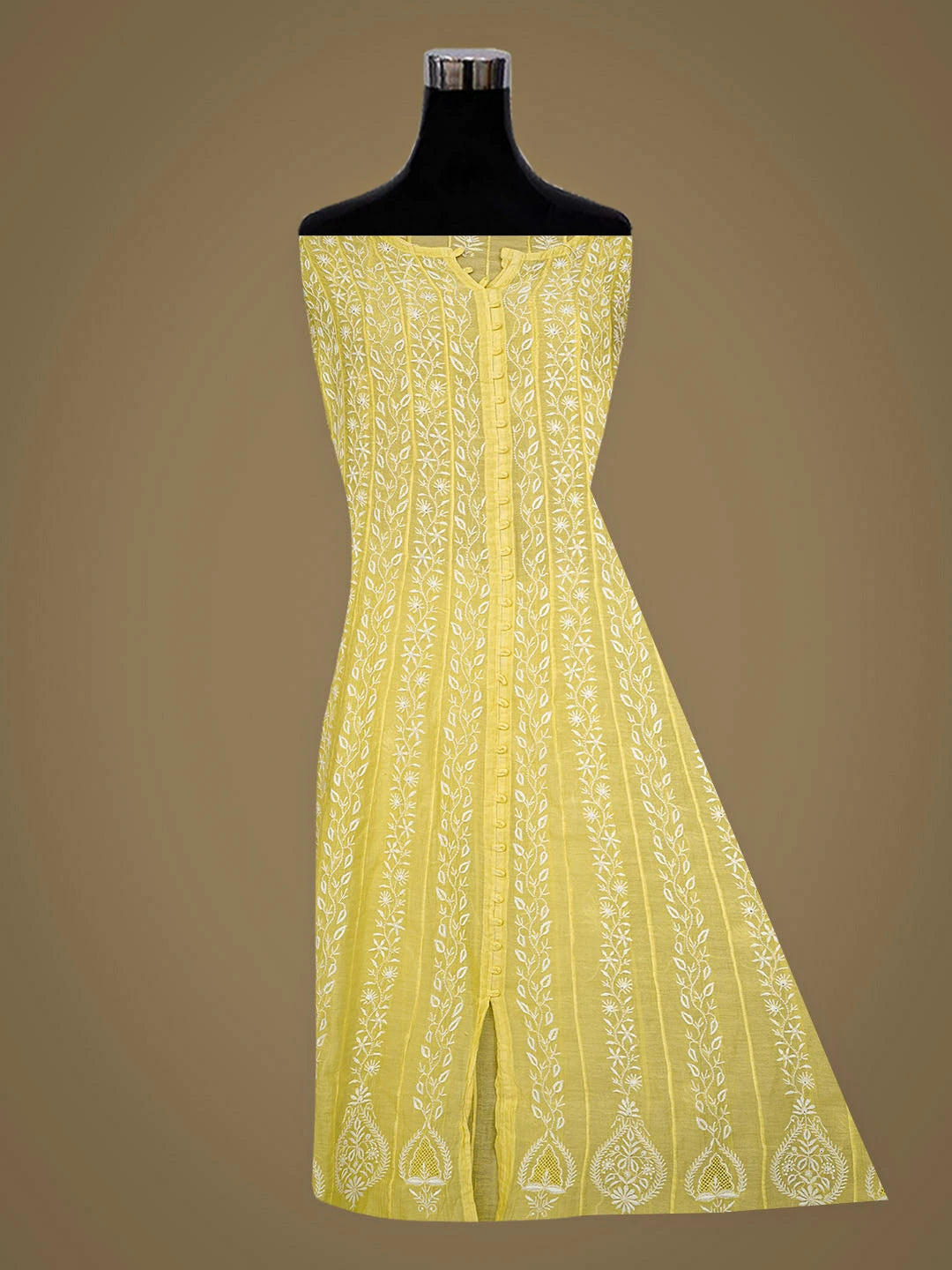 Ada Hand Embroidered Lemon Chanderi Lucknowi Chikankari Semi-Stitched Anarkali Kurta Dupatta Set 01A653902