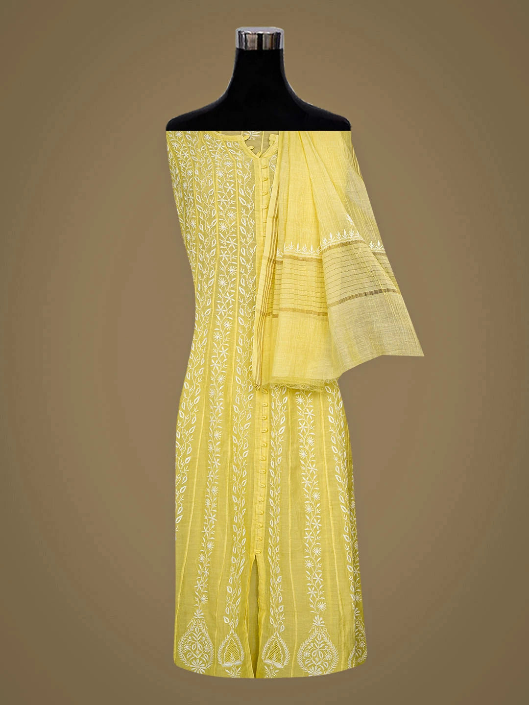 Ada Hand Embroidered Lemon Chanderi Lucknowi Chikankari Semi-Stitched Anarkali Kurta Dupatta Set 01A653902