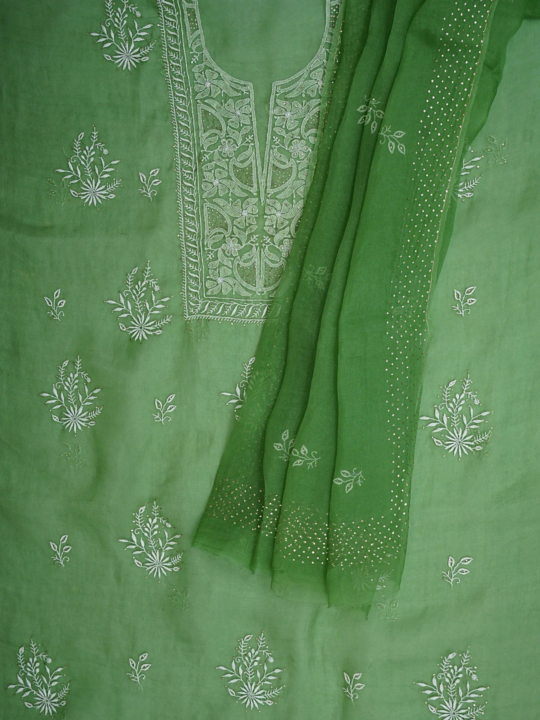 Ada Hand Embroidered Green Organza Lucknowi Chikankari Unstitched Kurta Dupatta Set With Muqaish/Mukaish Work 01A919857