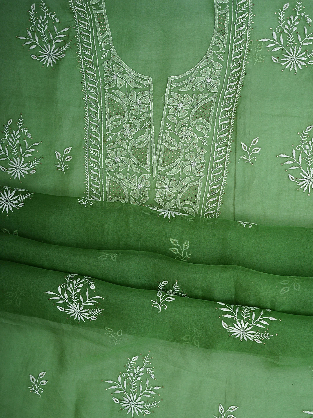 Ada Hand Embroidered Green Organza Lucknowi Chikankari Unstitched Kurta Dupatta Set With Muqaish/Mukaish Work 01A919857