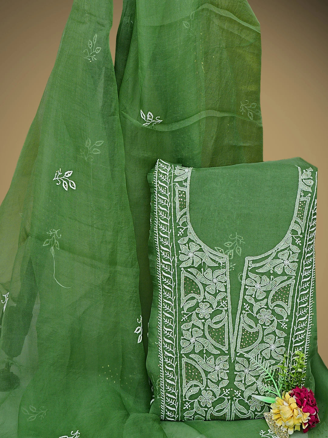 Ada Hand Embroidered Green Organza Lucknowi Chikankari Unstitched Kurta Dupatta Set With Muqaish/Mukaish Work 01A919857