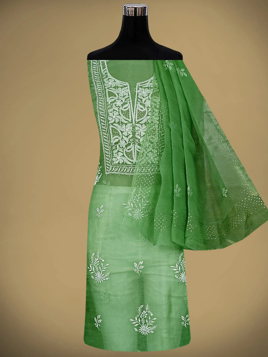 Ada Hand Embroidered Green Organza Lucknowi Chikankari Unstitched Kurta Dupatta Set With Muqaish/Mukaish Work 01A919857