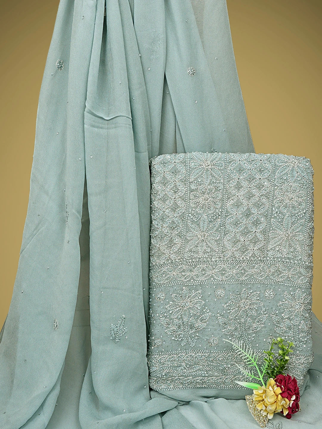 Ada Hand Embroidered Cadet Grey Viscose Georgette Lucknowi Chikankari Unstitched Kurta Dupatta Set With Zari Work 01A747503