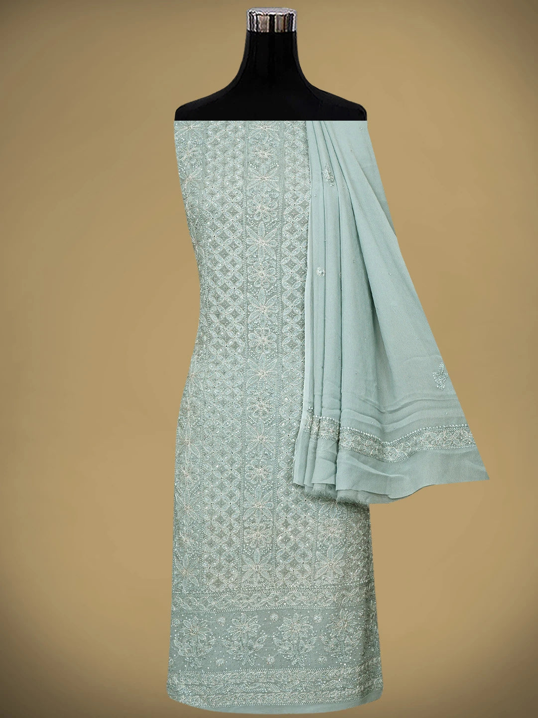 Ada Hand Embroidered Cadet Grey Viscose Georgette Lucknowi Chikankari Unstitched Kurta Dupatta Set With Zari Work 01A747503