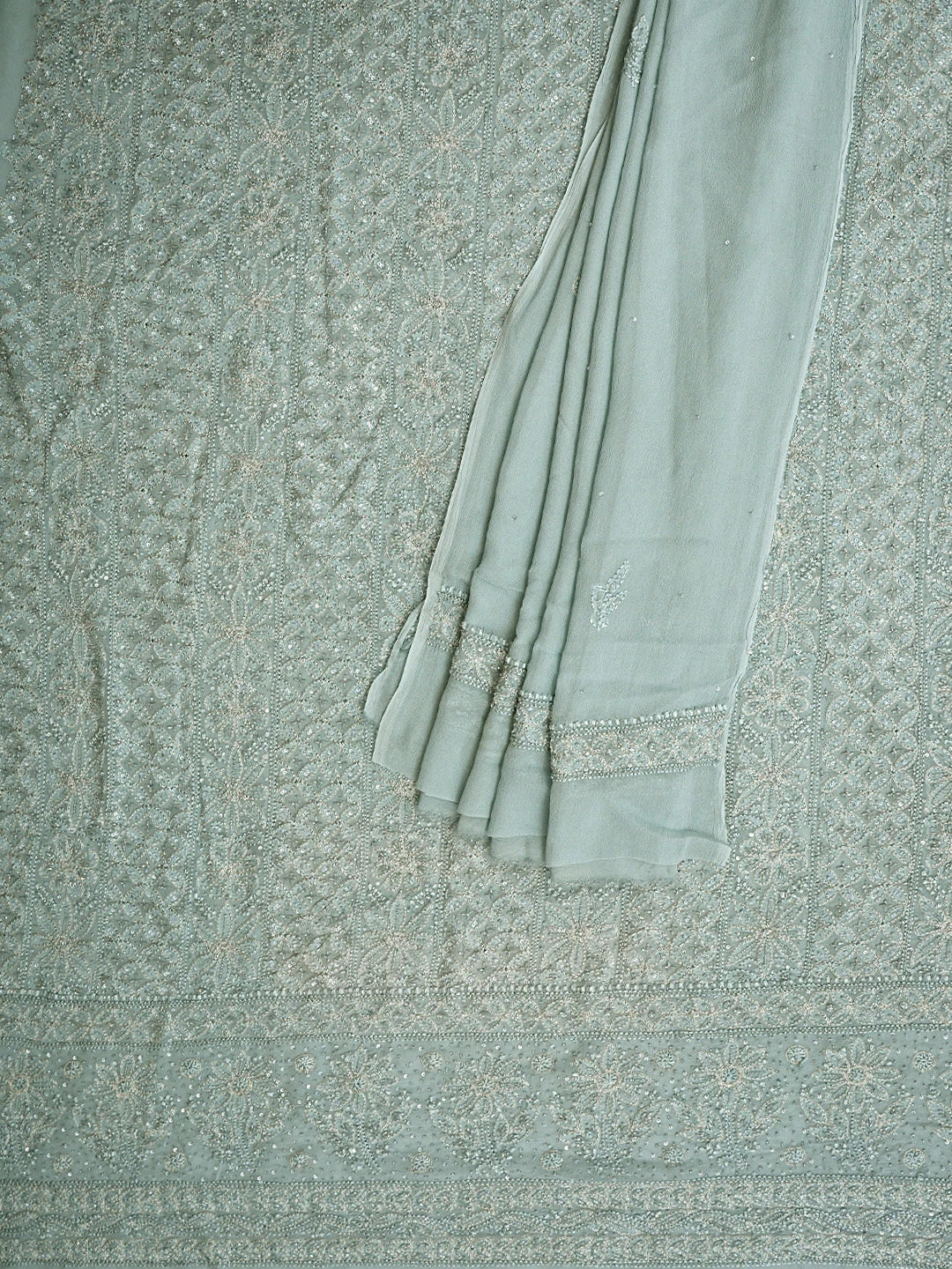 Ada Hand Embroidered Cadet Grey Viscose Georgette Lucknowi Chikankari Unstitched Kurta Dupatta Set With Zari Work 01A747503