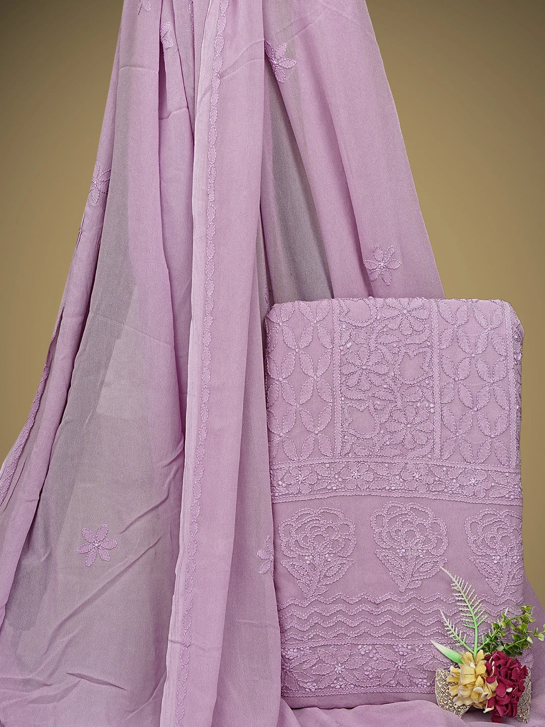 Ada Hand Embroidered Opera Mauve Viscose Georgette Lucknowi Chikankari Unstitched Kurta Dupatta Set 01A747508