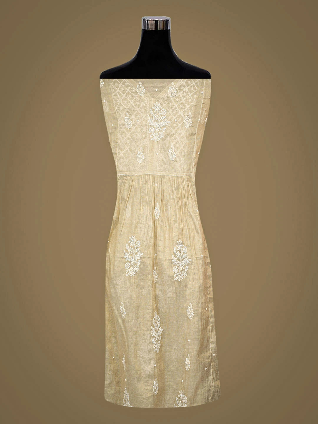 Ada Hand Embroidered Fawn Tissue Lucknowi Chikankari Unstitched Kurta Dupatta Set With Pearl Work 01A921646