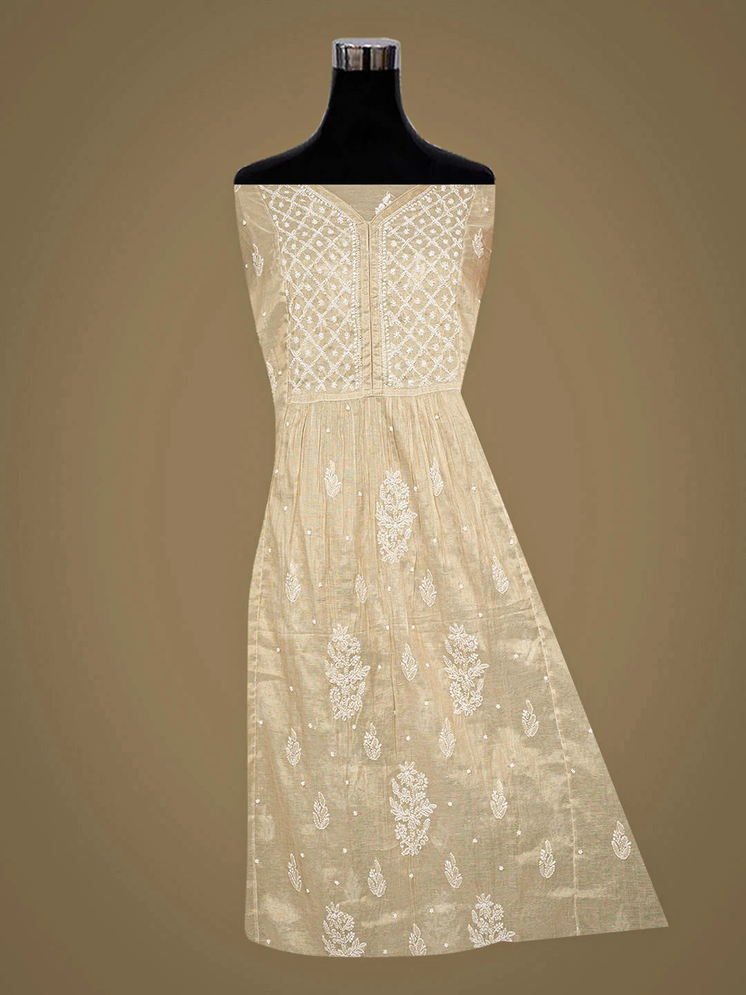 Ada Hand Embroidered Fawn Tissue Lucknowi Chikankari Unstitched Kurta Dupatta Set With Pearl Work 01A921646