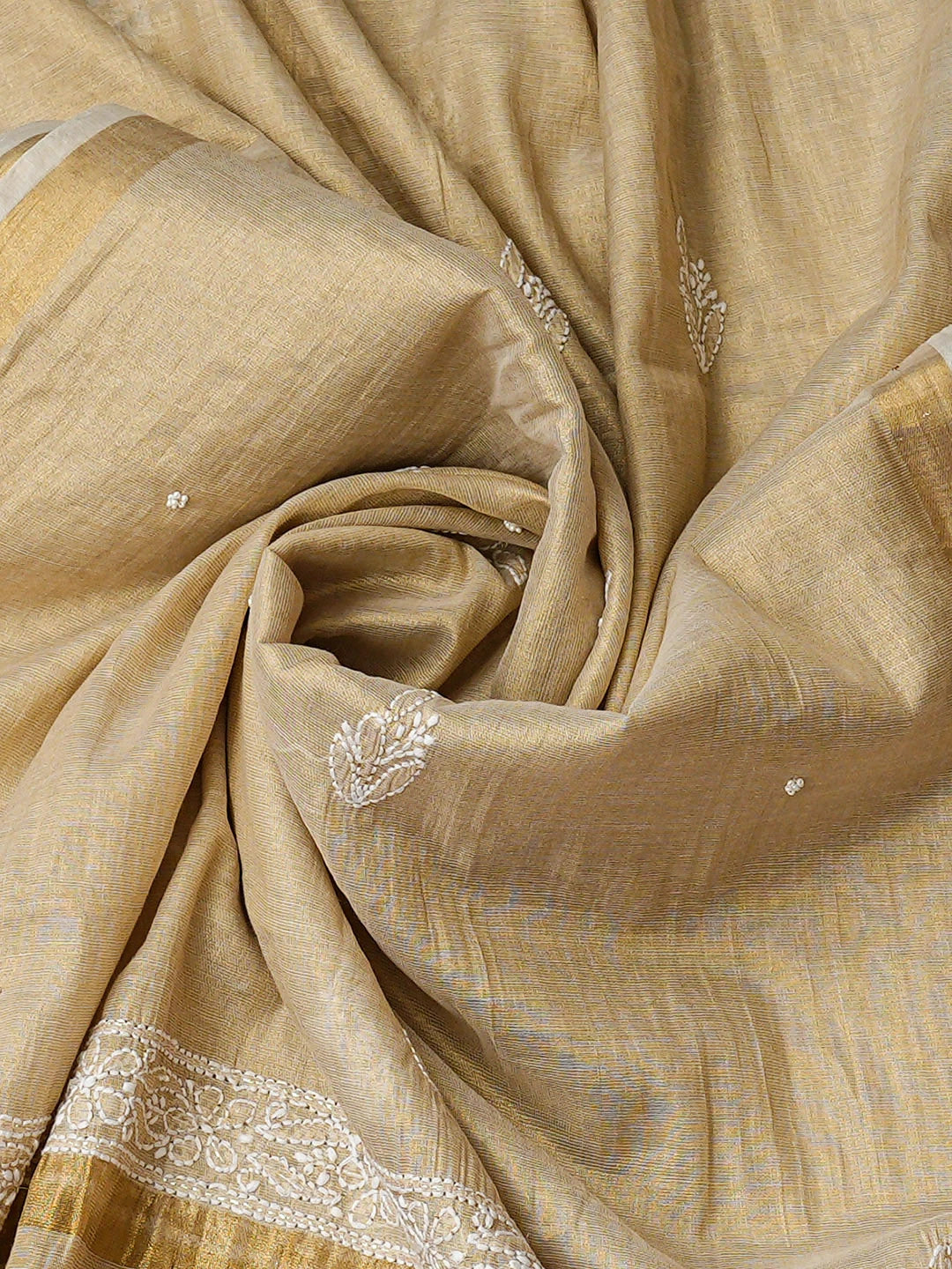 Ada Hand Embroidered Fawn Tissue Lucknowi Chikankari Unstitched Kurta Dupatta Set With Pearl Work 01A921646