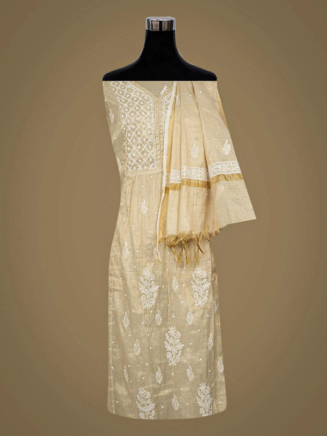 Ada Hand Embroidered Fawn Tissue Lucknowi Chikankari Unstitched Kurta Dupatta Set With Pearl Work 01A921646